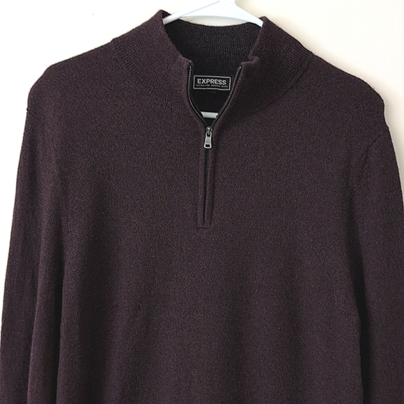 Express Mens Large 100% Extra Fine Merino Wool Quarter Zip Sweater Maroon - Picture 3 of 8